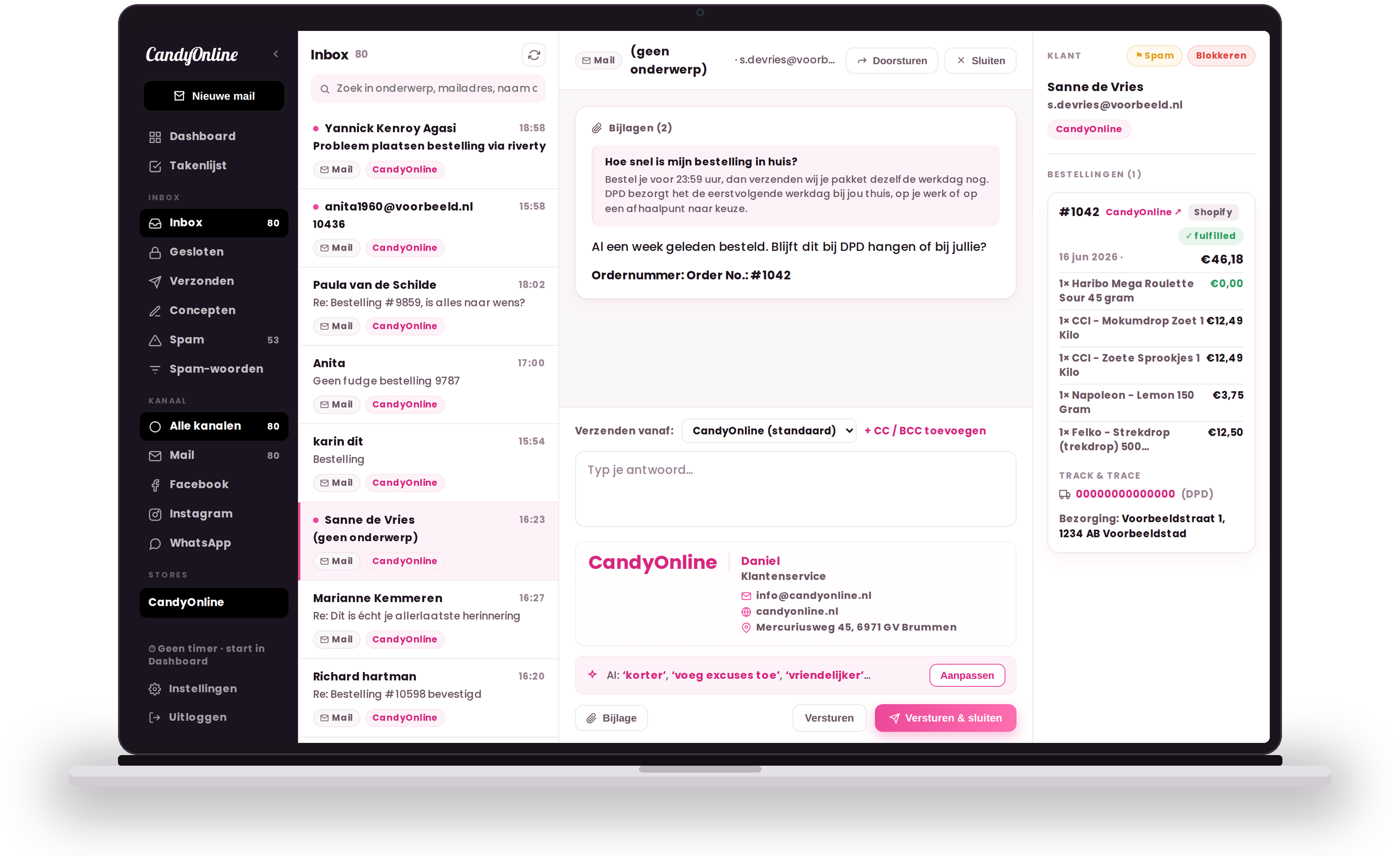 De ontwikkelde klantenserviceomgeving voor Candy Online