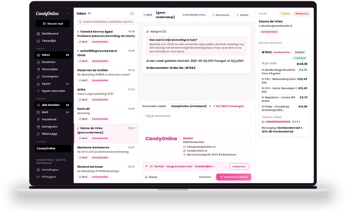 Klantenservice-inbox van Candy Online met multi-channel mail