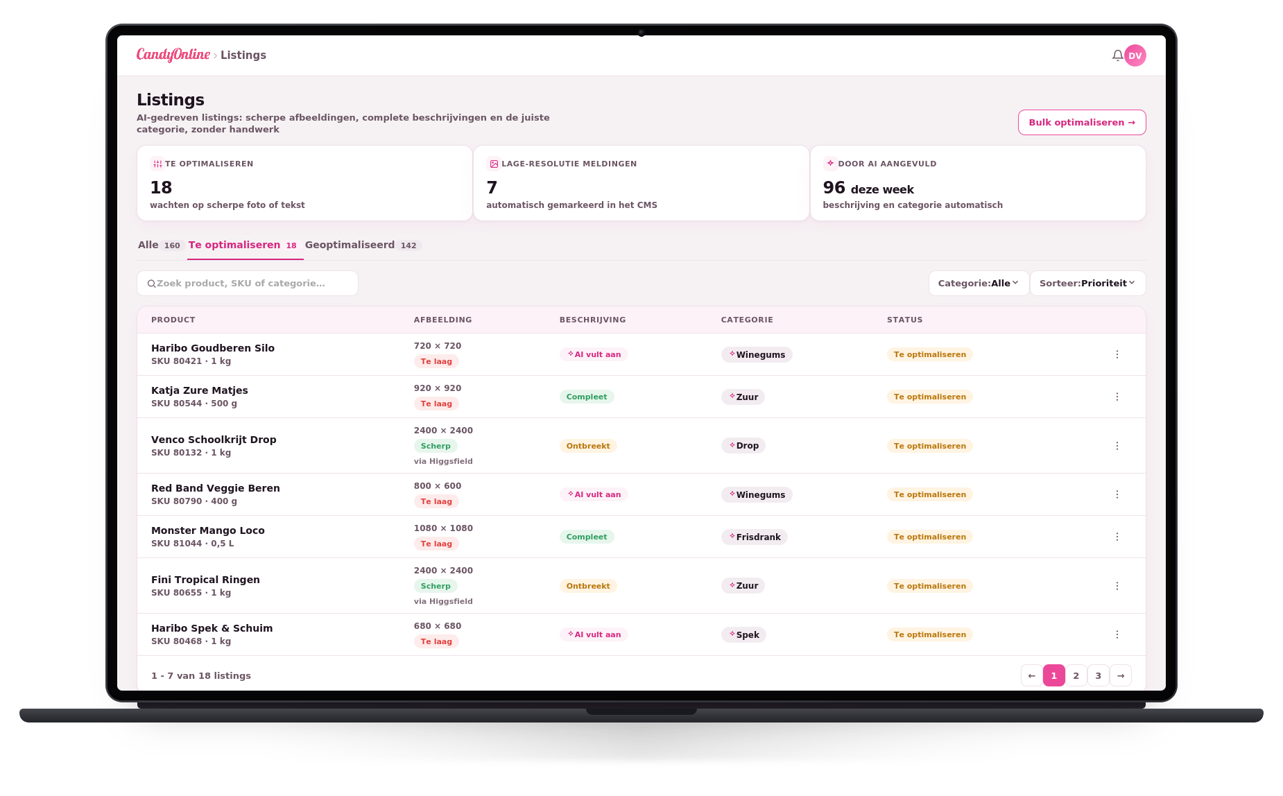 Listings-beheer van Candy Online: AI-gedreven listings met scherpe afbeeldingen, lage-resolutiemeldingen, automatische beschrijvingen en categorieën, met status per product