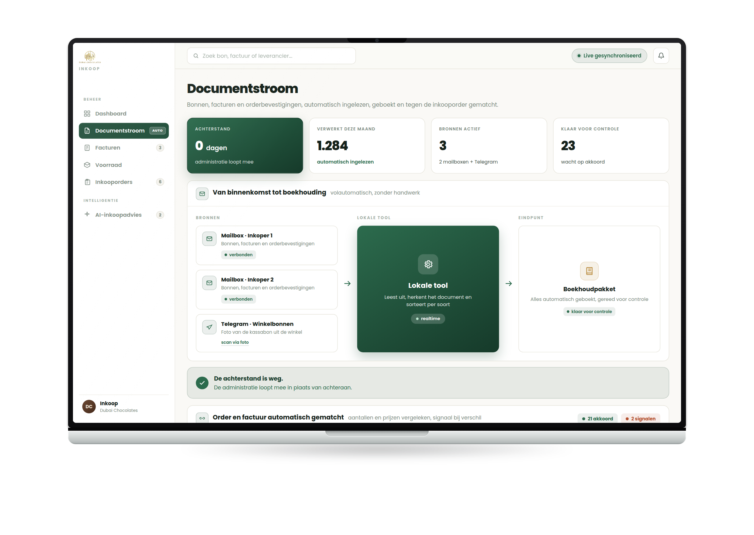 Administratie van Dubai Chocolates: automatische bonnen- en factuurstroom met inkooporder-controle