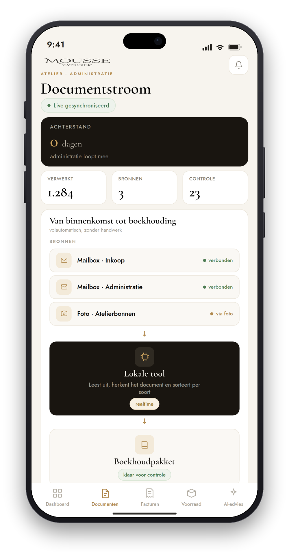 Boekhouding-app van Mousse Cakes: de documentstroom van mailbox en bonfoto via een lokale tool die alles uitleest en sorteert naar het boekhoudpakket, met realtime achterstand, verwerkte stukken en cijfers