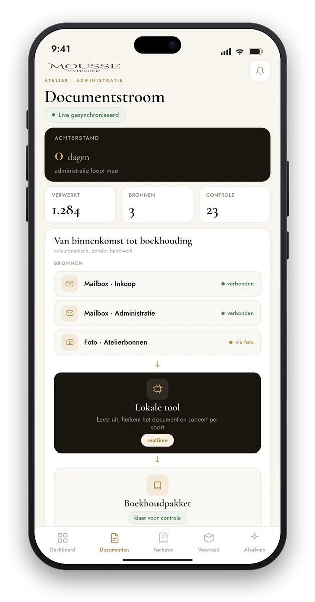 Boekhouding-app van Mousse Cakes: de documentstroom van mailbox en bonfoto via een lokale tool