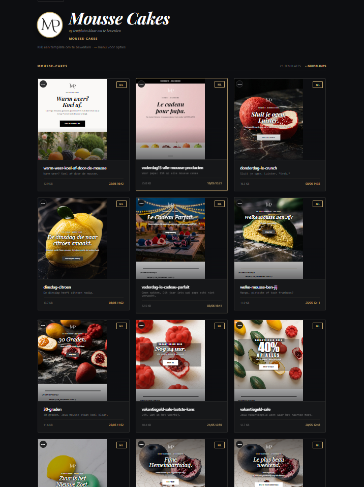 E-mailgenerator van Mousse Cakes: een galerij van 25 merkeigen e-mailtemplates in de Mousse-stijl, klaar om te bewerken en gekoppeld aan Klaviyo