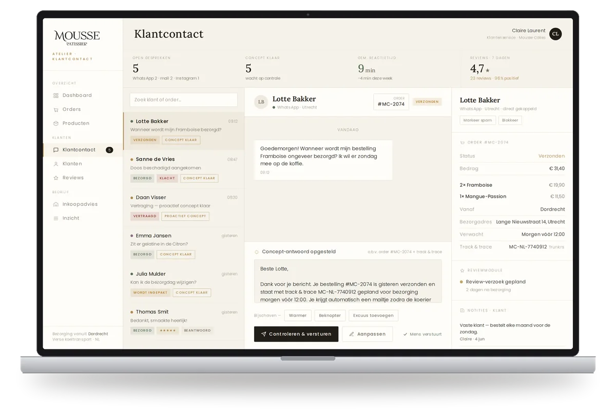 Klantcontact-scherm van Mousse Cakes: inbox met gesprekken over WhatsApp, mail en Instagram
