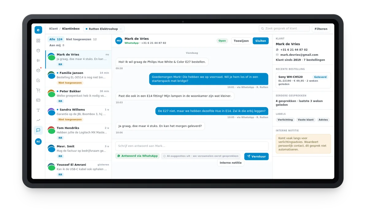 Gedeelde klantinbox van Rutten Elektroshop in elektroportaal: WhatsApp en mail samen in één inbox