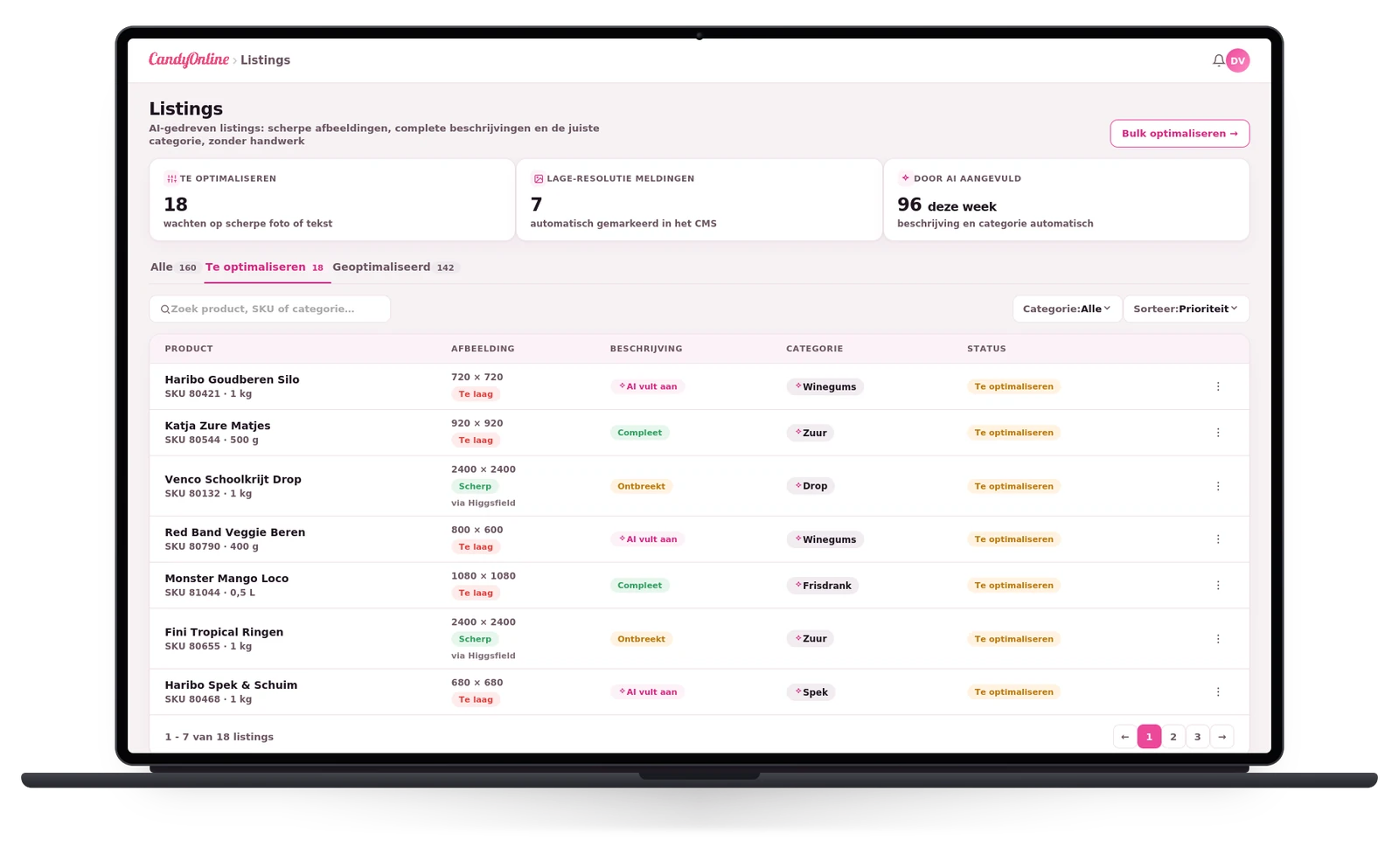 Listings-beheer van Candy Online: AI-gedreven listings met scherpe afbeeldingen, lage-resolutiemeldingen, automatische beschrijvingen en categorieën, met status per product