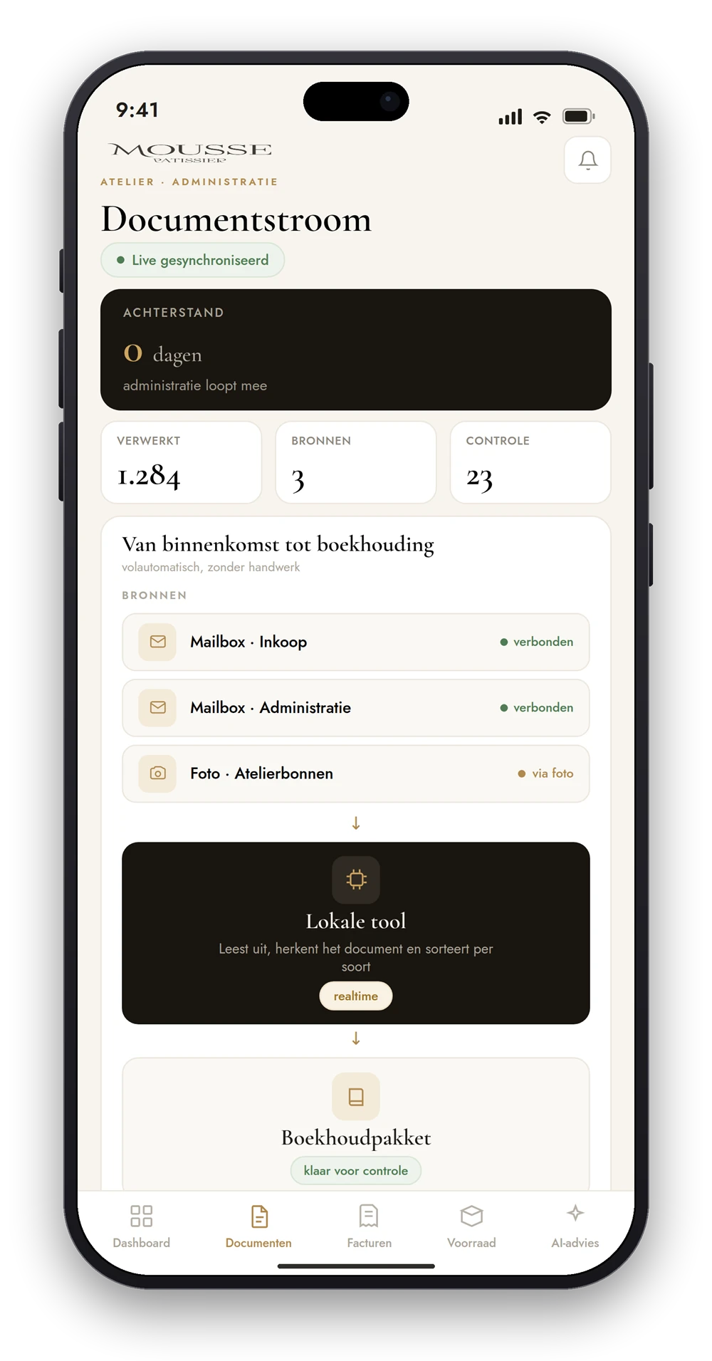 Boekhouding-app van Mousse Cakes: de documentstroom van mailbox en bonfoto via een lokale tool die alles uitleest en sorteert naar het boekhoudpakket, met realtime achterstand, verwerkte stukken en cijfers
