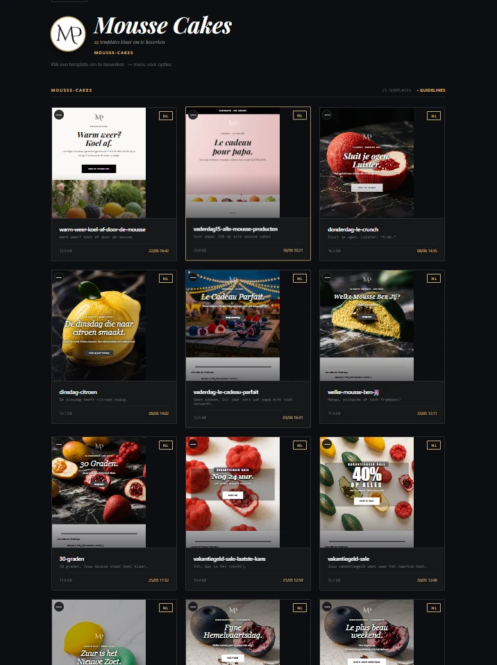 E-mailgenerator van Mousse Cakes: een galerij van merkeigen e-mailtemplates in de Mousse-stijl, klaar om te bewerken en gekoppeld aan Klaviyo