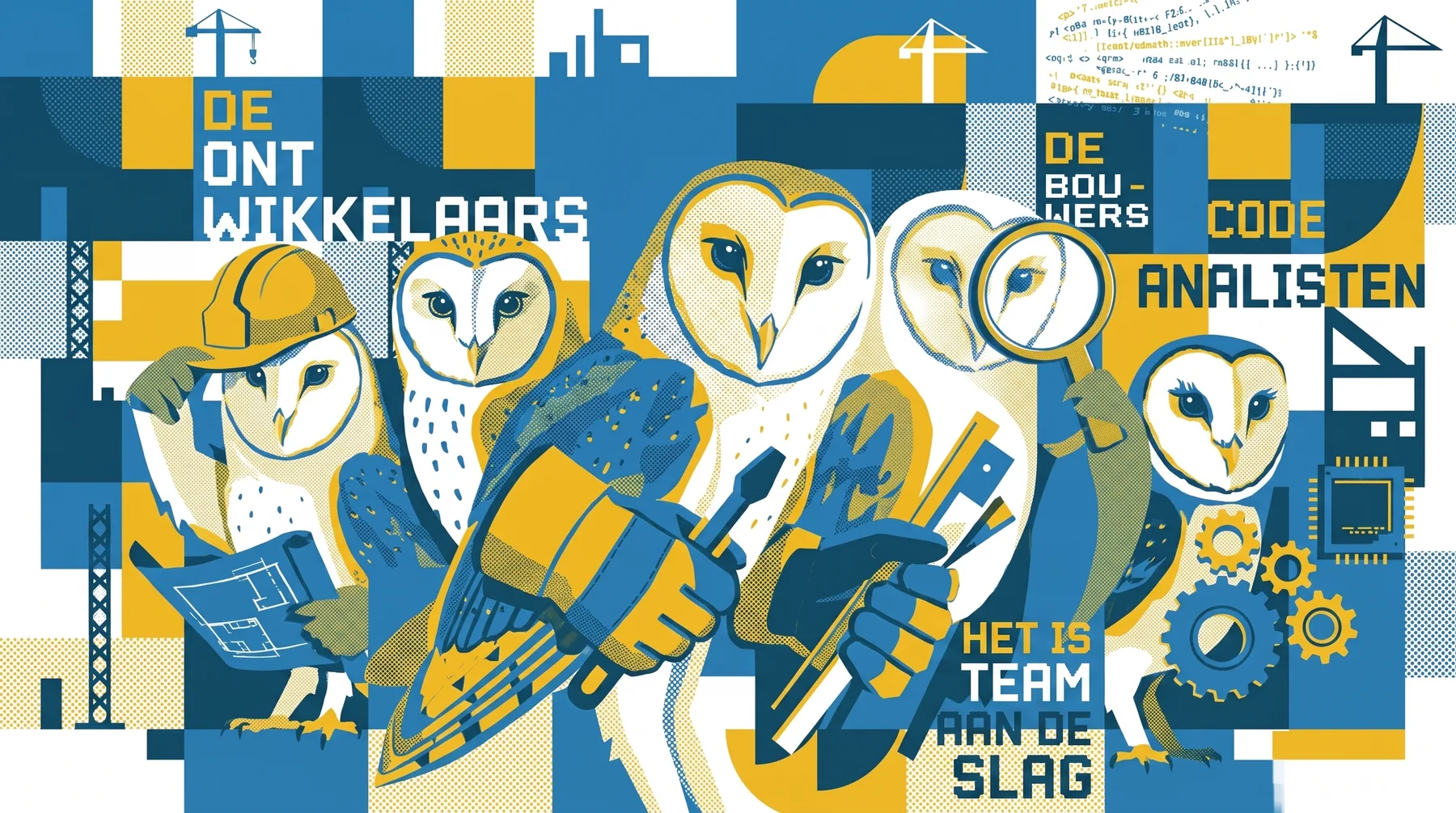 Illustratie van het ShareConnect-team als uilen: bouwers met helm en bouwtekening, analisten met vergrootglas.